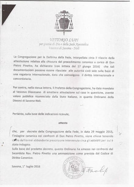 Don Pietro Pinetto e l’ammonizione taciuta dalla curia savonese.