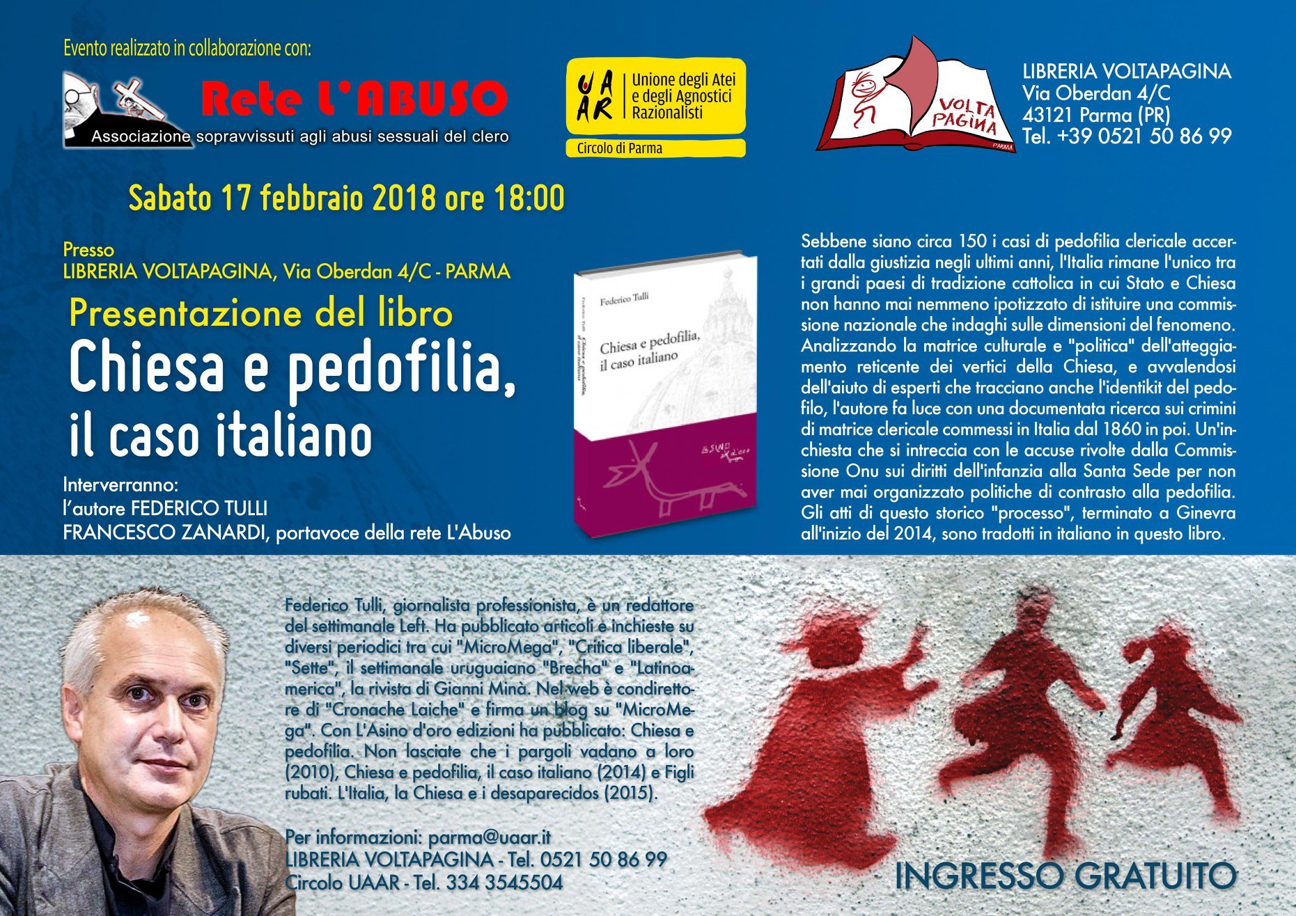 PARMA 17 febbraio; Presentazione del libro ” Chiesa e pedofilia, il caso italiano” Incontro UAAR