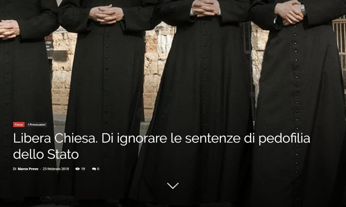 Libera Chiesa. Di ignorare le sentenze di pedofilia dello Stato