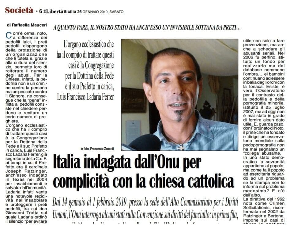 ITALIA INDAGATA DALL’ONU PER COMPLICITÀ CON LA CHIESA CATTOLICA