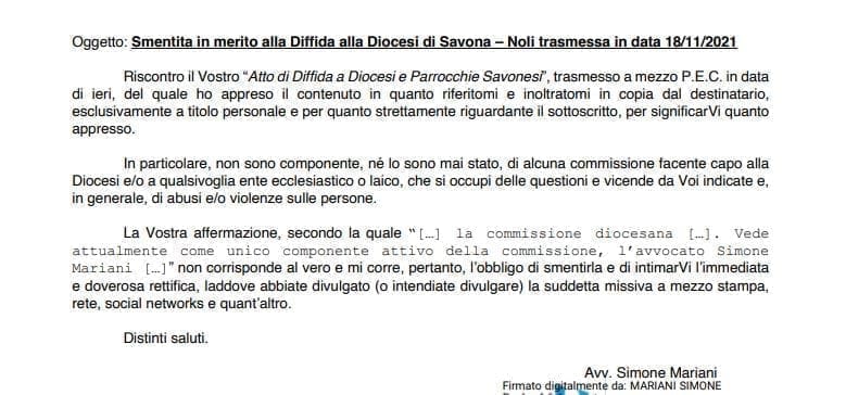 Smentita in merito alla Diffida alla Diocesi di Savona – Noli trasmessa in data 18/11/2021