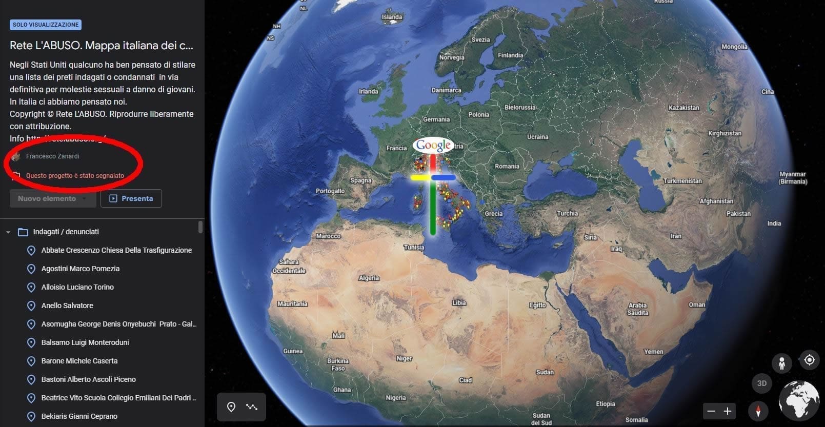 Google oscura la mappa sugli abusi sessuali del clero della “Rete l’abuso”.  Violerebbe anti-bullismo e minacce