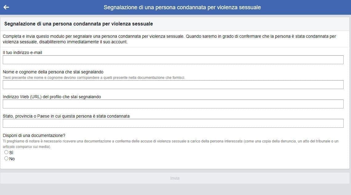 Modulo FACEBOOK per segnalazione di una persona condannata per violenza sessuale